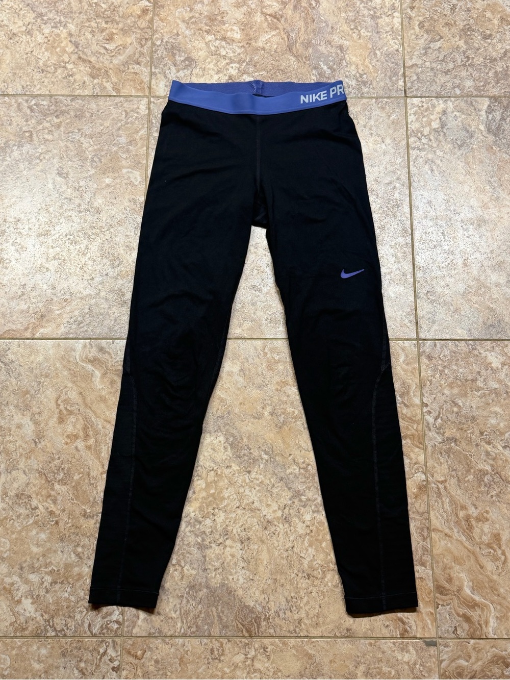 Nike Pro Dri-FIT Black Compression Leggings Purple Blue Waistband
